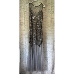 Silver Sequin Evening Gown Prom Dress Tulle Skirt Beaded Details NWT